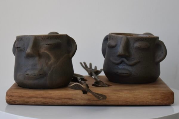 Face mug set with wooden tray and spoons