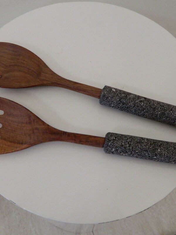 Handcrafted Wooden Salad Servers with Stone Handles