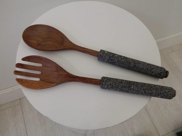 Handcrafted Wooden Salad Servers with Stone Handles