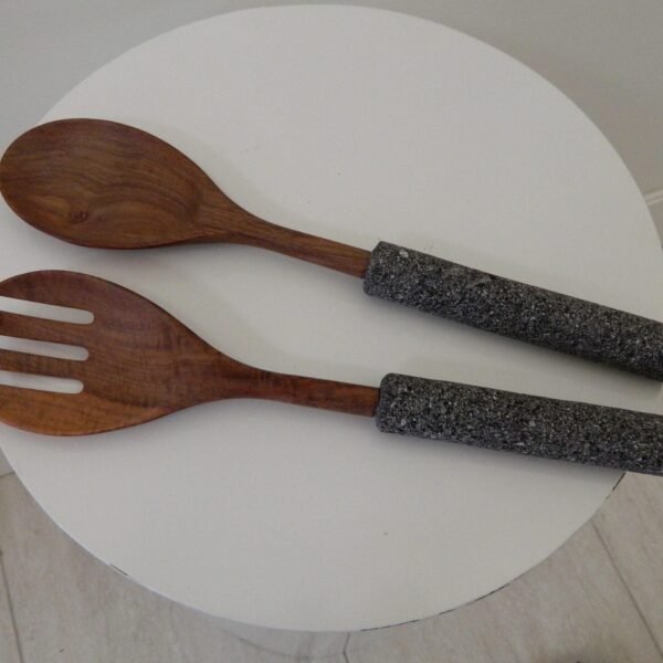 Handcrafted Wooden Salad Servers with Stone Handles