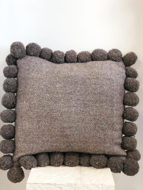 Gray Pillow with Pom Trim