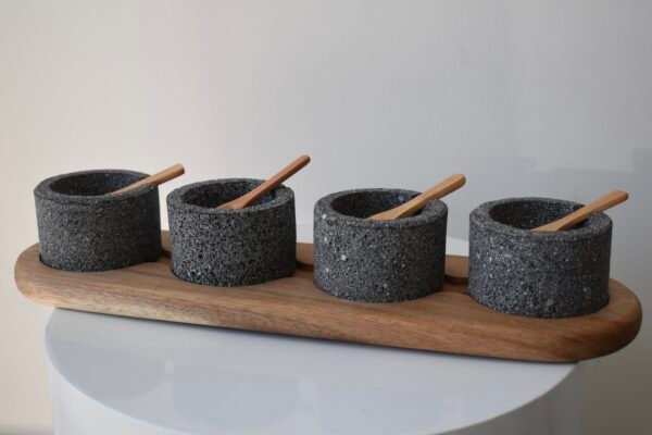Volcanic stone condiment set with wooden tray