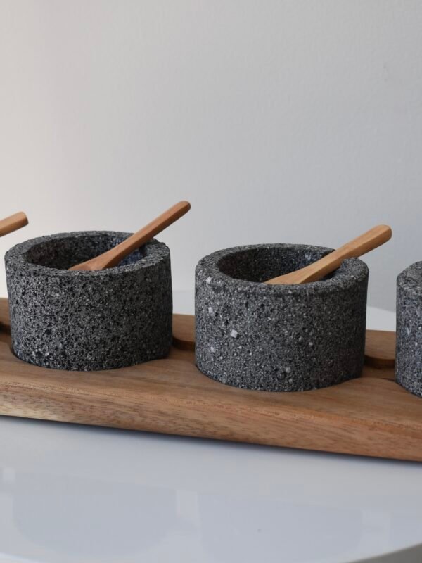 Volcanic stone condiment set with wooden tray