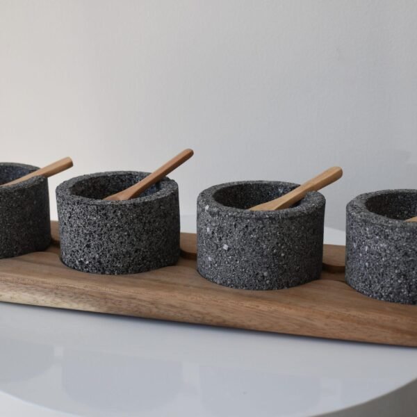 Volcanic stone condiment set with wooden tray