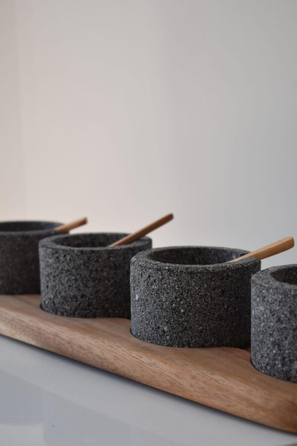 Volcanic stone condiment set with wooden tray