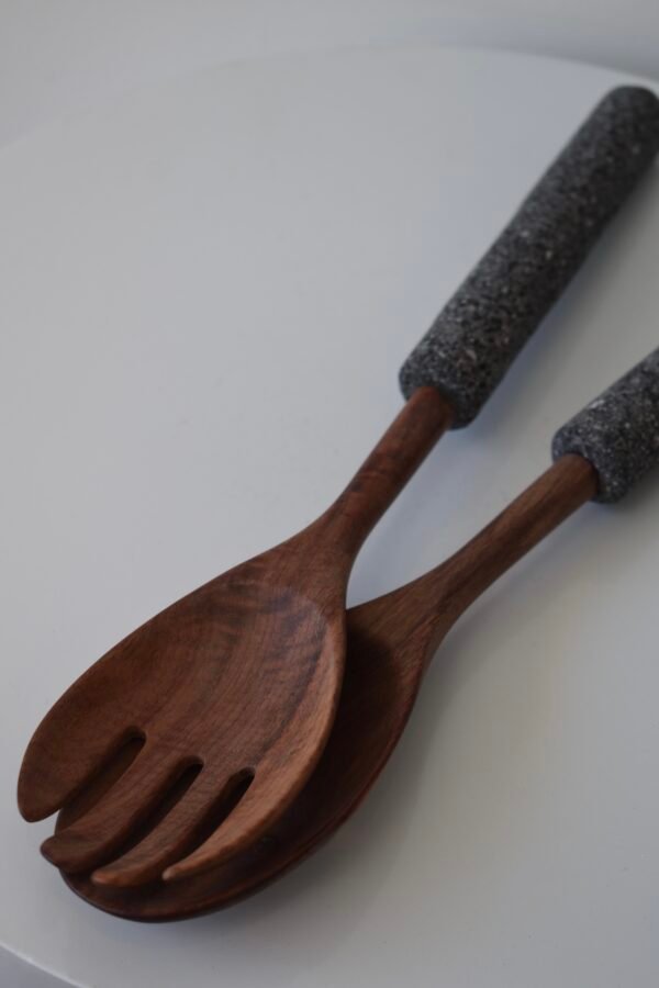 Handcrafted Wooden Salad Servers with Stone Handles