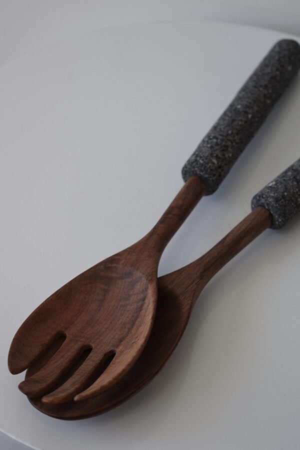 Handcrafted Wooden Salad Servers with Stone Handles