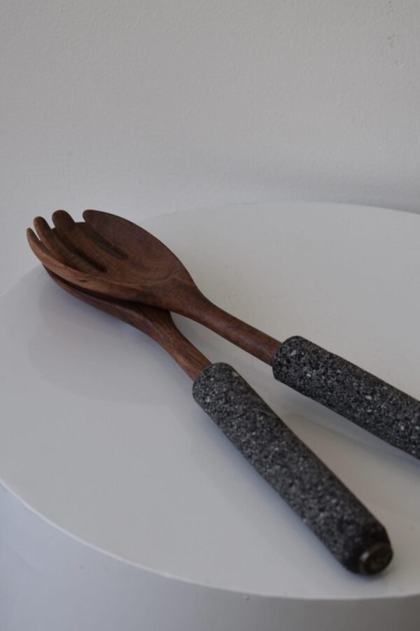 Handcrafted Wooden Salad Servers with Stone Handles